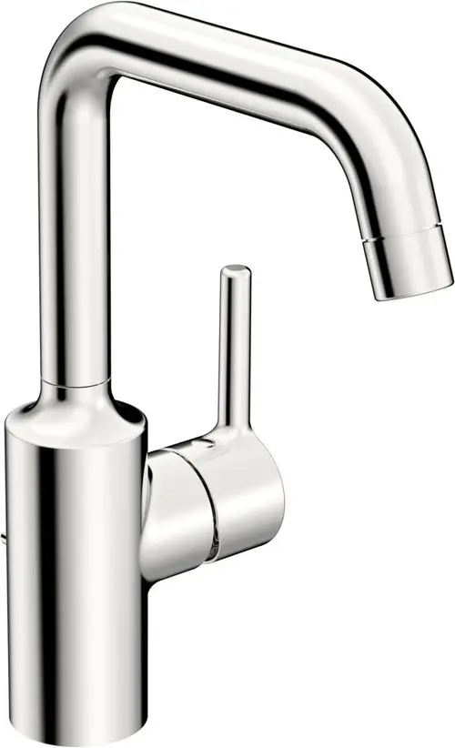 Waschtischarmatur aus Chrom von HANSA mit einem gebogenen Auslauf und einer Bedienhebelstruktur für die Wassersteuerung.